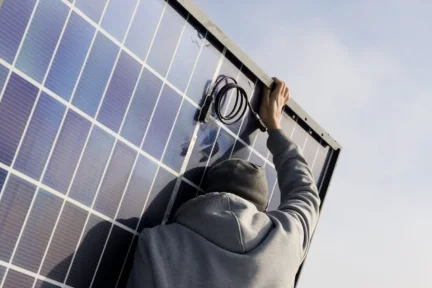 Eine Person trägt ein Solarmodul