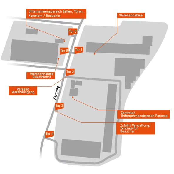 Lageplan des Romakowski Firmengeländes in Buttenwiesen an der Herdweg 31 mit gekennzeichneter Zufahrt, Lieferzugang und Verladerampe.