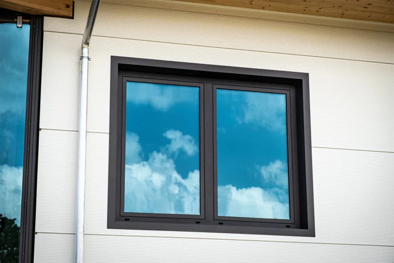 Fenster mit dunkelgrüner Paneelfassade