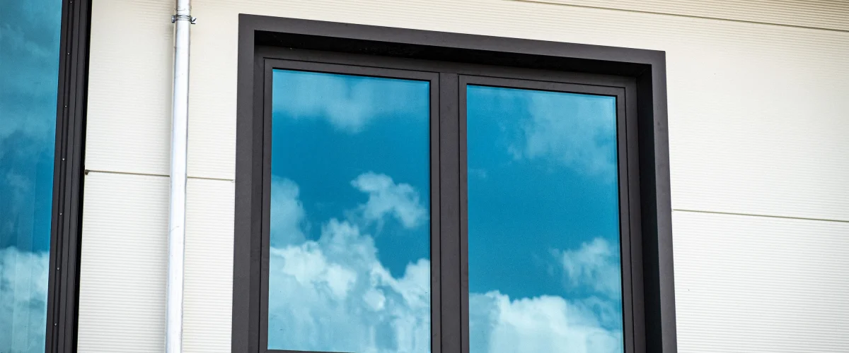 Fenster mit dunkelgrüner Paneelfassade