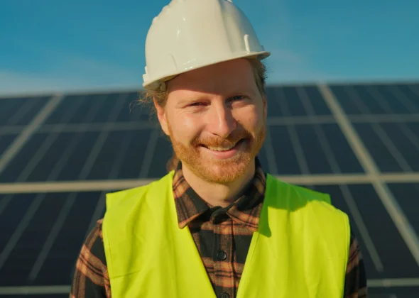 Mitarbeiter mit Schutzhelm vor Solarmodulen
